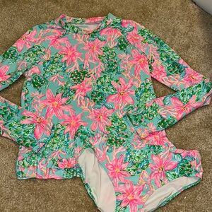 Lilly Pulitzer Pink and Green Turtle Rashguard Swim Top and Bottom.  Girl 14.